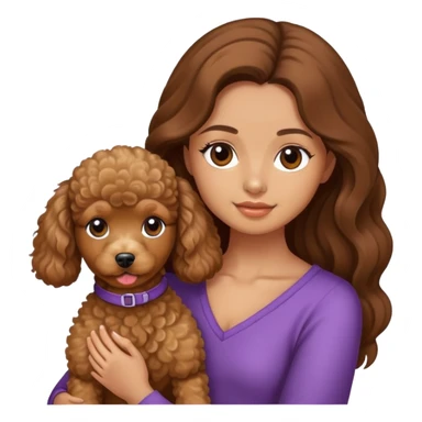 A girl with long brown hair wrapped around a Mini poodle sticker
