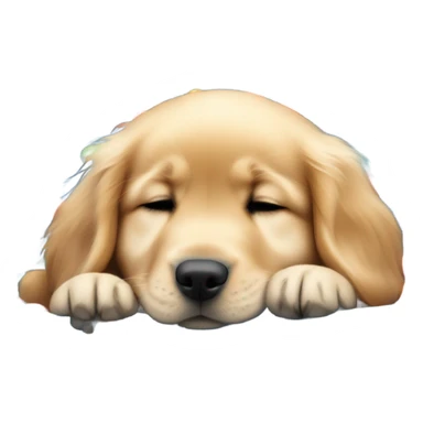 A sleeping golden retriever puppy in a fuzzy blue dog bed with balls surrounding it  sticker