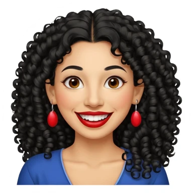 40 yr old peruvian woman, very curly long black hair, red lipstick, big smile, white teeth, brown eyes, hoop earings sticker