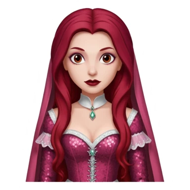 Aleera, Bride of Dracula from Van Helsing with long dark red hair, light pink sequin outfit sticker