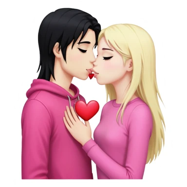 Emo boy with long black emo hair kissing o long blonde girl pink clothes heart sticker
