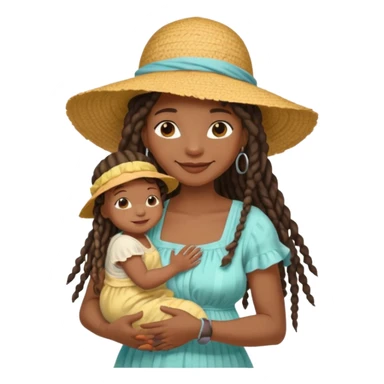 A black mom with long dread lock hair in a sunhat holding her baby gently, wearing a sun-dress while smiling softly. sticker