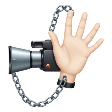 Minimalist emoji-style sticker of a human hand bound by a chain leading to a video camera. Icon-like, clean silhouette, muted tones. sticker