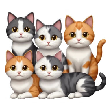 5 different coloured short haired cats including; a dark brown and white cat, and a dark grey and white, and a calico sticker