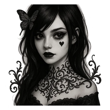 elegant emo girl with heart face, gothic filigree, butterfly hairpin, dark hair, mysterious vibe sticker