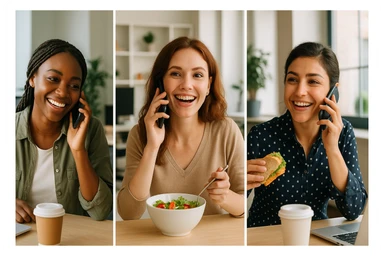 Three young women, all in different offices, on the phone with each other during lunch break, modern work environments, lively and social expressions, modern office backgrounds, business casual attire, relaxed and friendly atmosphere. sticker