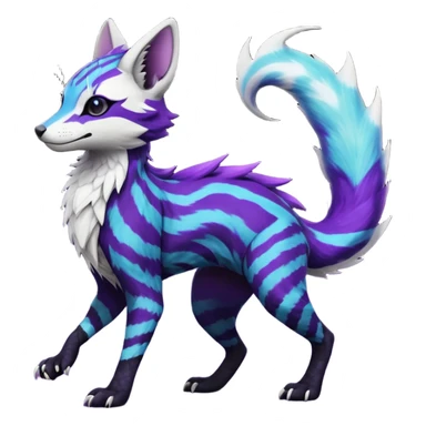Feral Rare Fantasy  Black-Dark-Vortexed Lightning-strike-zig-zag-patterned striking purple-indigo-violet-blue-cyan-gradients with black points, white underside, galactic stormy edgy badass realistic Vernid-Sergal-Genet-Trico-species by LiLaiRa, random markings, tufted tail, tufted ears, full body sticker