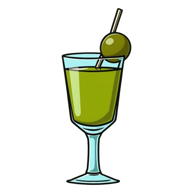 classic cocktail glass with perfectly clear colorless liquid like pure water, completely transparent with no tint, containing a green olive speared on a toothpick at the bottom sticker