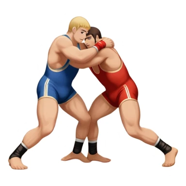 An icon showcasing two wrestlers engaged in a Greco-Roman wrestling match. The athletes are locked in a strong clinch, using their upper bodies to dominate. The background features a wrestling mat and traditional Greco-Roman elements. Transparent background. sticker