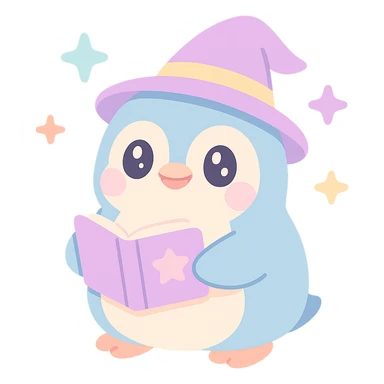 a chubby penguin with a wizard hat, magical sparkles around, and a book of spells sticker