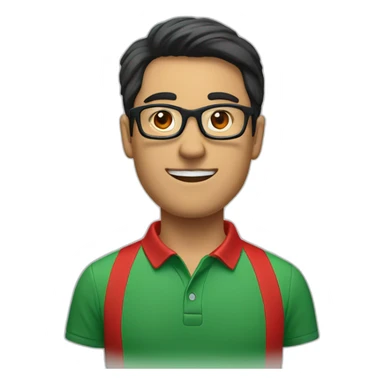 Man with black hair and glasses wearing red polo shirt with green color collar of the shirt sticker