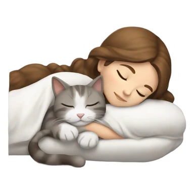 sleeping girl brown hair laying next to a white and gray cat sticker