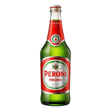 Glass bottle Peroni with red marketing tape and a brown glass bottle color sticker