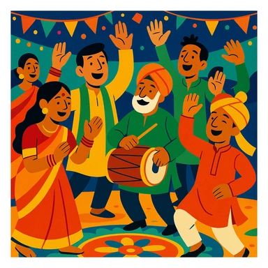 a group of Indian people celebrating a festival, joyful, bright colors sticker