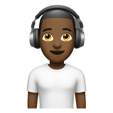A green buzz cut black man wearing headphones with a white tee shirt sticker