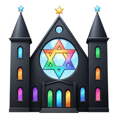 jewish synagogue temple in dark goth aesthetic style with black building and very light rainbow tint glass windows and star of david and celestial symbolism sticker