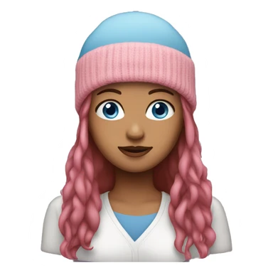 woman with blue eyes, long brown hair, and pink beanie sticker