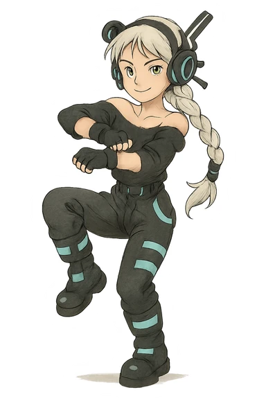 1 female, gold yellow eyes, long white braid, black off shoulder top, futurepunk cybergoth doing “oppa gangnam style”  dance sticker