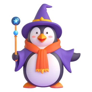 penguin wearing wizard hat and robe holding a magic wand sticker