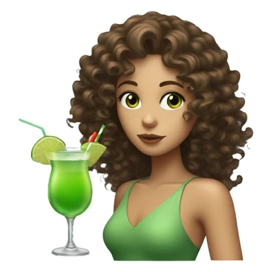 A girl with curly brown hair and green eyes, sipping a cocktail sticker