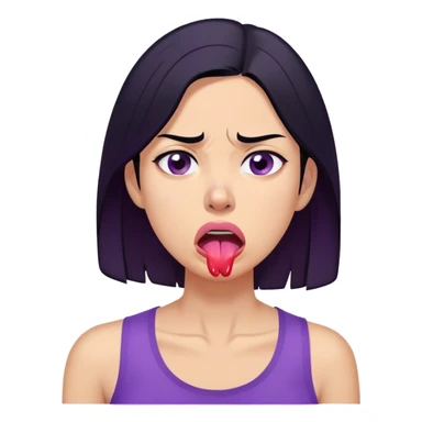 A digitally illustrated emoji-style character of a woman with shoulder-length black hair, wearing a purple shirt. Her expression shows extreme exhaustion or dehydration—her eyes are bloodshot and dry, her tongue is sticking out, and she has a single sweat drop on her cheek. The image has a clean white background sticker
