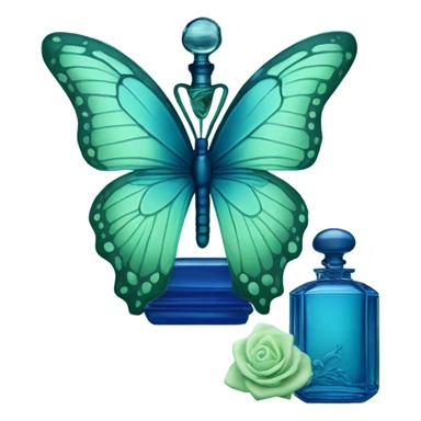  pastel green butterfly resting on an elegant blue perfume bottle with fork dark blue details. sticker