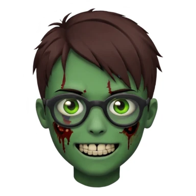 Zombie emo boy, green skin and brown hair, black glasses and a scary smile, scars and blood under eyes sticker