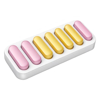 single blister strip or a pair of small tablets or capsules in muted tones (white, pale yellow, or light pink), clean clinical shape, smooth finish, pills placed simply, no branding or packaging details, soft lighting, subtle shadows, emoji scale sticker