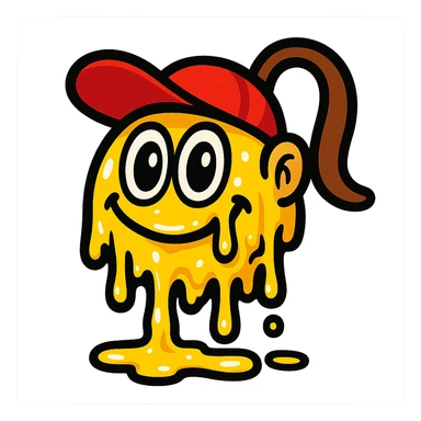Diddy Kong as a melting smiley face, cartoon style, big eyes, gooey texture sticker