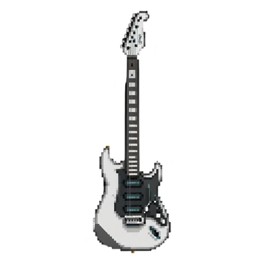 White electric guitar with sleek shiny body, black strings, and smooth neck sticker