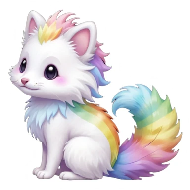  Realistic cute adorable pastel-iridescence-gradients albino fur with random colorful iridescent rainbow markings beautiful elegant pretty precious cute  Fakémon-Pokémon-opossum-feline-serval-caracal-chinchilla-Minccino-hybrid-creature with a big fluffy bushy striped tail (full body) sticker