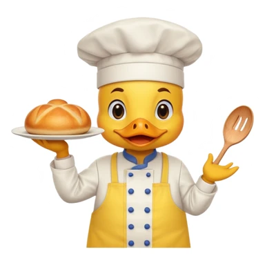 A duck in chef hat presenting a plate of fancy cuisine proudly wearing yellow apron sticker