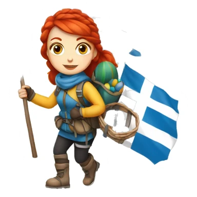 Female winter mountaineer red hair white skin climbing with Greek Flag and Easter eggs basket sticker