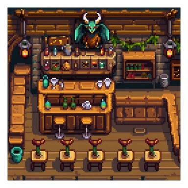 fantasy tavern interior with bar counter, stools, tables, and fantasy creatures enjoying drinks sticker
