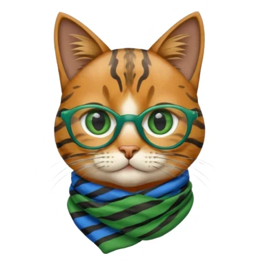 Apple Emoji-style cat head with tabby fur pattern, tinted green glasses, blue striped scarf, and large green eyes. The emoji should only feature the cat's head with no additional body parts. sticker