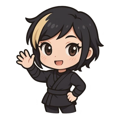 Chibi ninja girl with black short hair and a blonde streak, big head, small body and arms, not overly round or infant-like, cute and playful, anime-style face with large expressive eyes, small nose and mouth, subtle blush, hand fully raised, waving to the left, smiling, pastel colors, soft shading, clean outlines, no mask, transparent background, face looks sexy with slightly parted lips, confident gaze, longer lashes, subtle contouring. sticker