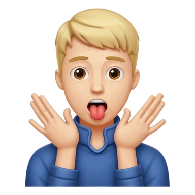 Surprised guy sticking out tongue with hands, choking neck sticker