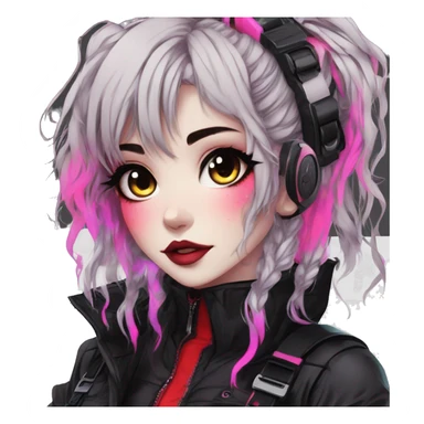 Gorgeous bright colorful neon gothic techwear anime style lady with blushing face aesthetic and pretty edgy black red punk messy wild cute hair with collar and harness trending style sticker