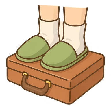 Feet with white socks wearing green house slippers standing on a briefcase sticker