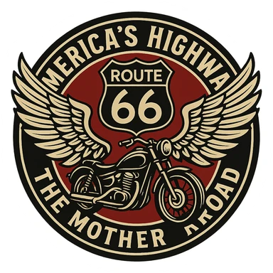 circular design for motorcycle cap, transparent background, text 'AMERICA'S HIGHWAY - ROUTE 66 - THE MOTHER ROAD', motif: motorcycle, wing, Route 66 sign, iconic style sticker