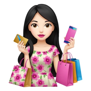Girl with long black hair and pink lipstick, brown eyes holding shopping bags and credit card sticker