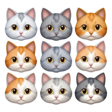 6 realistic looking cats with different natural coloured coats, assorted grey and white, greys, calico, brown and white colours etc
 sticker