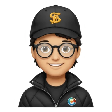 Young man wearing a black puffer jacket, black baseball cap with a small logo, round black glasses, wavy hair peeking out from under the cap, smiling sticker