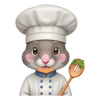 dark gray mouse with large round ears, brown eyes, and a small pink nose, wearing a white chef’s hat sticker
