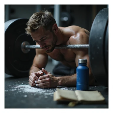 athletic 30-year-old man, tired but focused, doing heavy deadlift in gym, hands with chalk, training diary nearby, dark circles and redness on joints, water bottle, magnesium, belt on floor, blurred gym background, cold lighting, cinematic realism style sticker