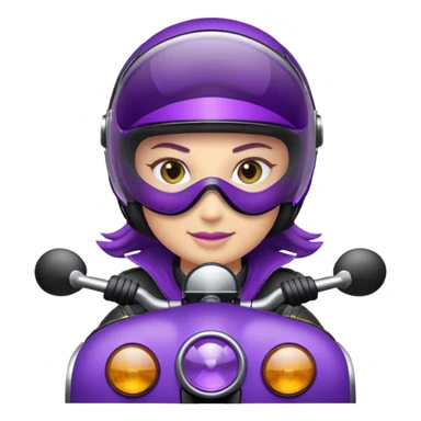 Créer un emoji avec une moto mt07 sport noir mate / violet iridescent très foncé, pare-brise de la moto violet. Avec une femme pilote dessus, visage masqué par la visière violette . Avec en arrière plan cercle violet. sticker