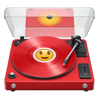 Generate a high-quality 3D cartoon-style emoji of a red LP record placed inside a white LP turntable, realistic shading, smooth gradient colors, rounded and cute appearance, simple white background, high-resolution. sticker