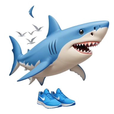 A surreal and humorous scene of a shark standing on a beach with human-like legs, wearing bright blue Nike sneakers. The shark looks slightly cartoonish, with a content expression. Behind it, ocean waves crash under a clear blue sky with a few birds flying overhead. The lighting is soft and sunny, creating a whimsical and absurd vibe. sticker