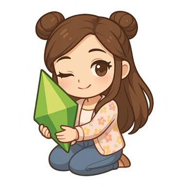 3D chibi style high-quality rendering smooth shadows soft gradients girl with long brown hair styled in two space buns brown eyes wearing jeans pastel floral cardigan thick white outline like a sticker transparent background flirty holding hugging a Plumbob preserve facial features sticker