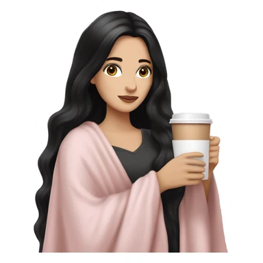 A pretty white girl with very long black hair and brown eyes in a light pink blanket sipping coffee sticker